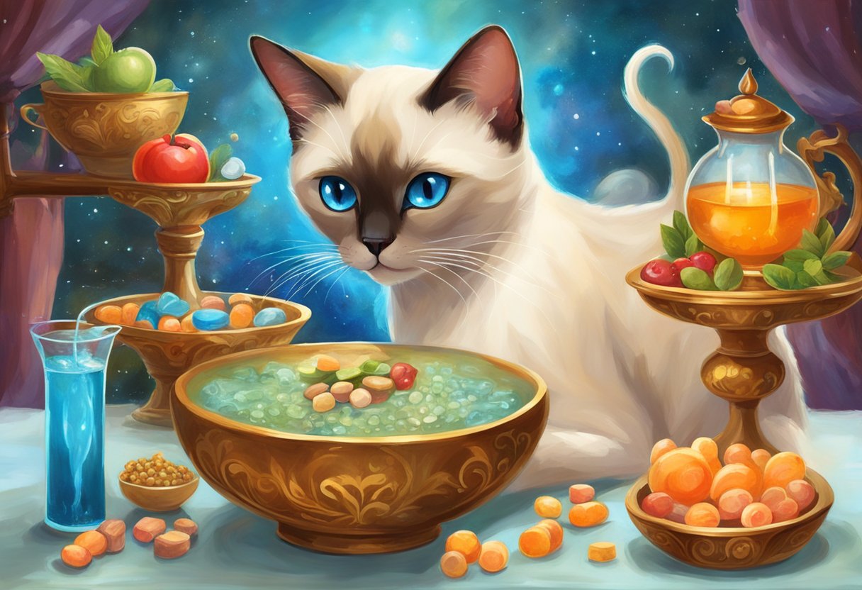 A Siamese cat eats from a bowl of balanced diet food, surrounded by nutritional supplements and fresh water