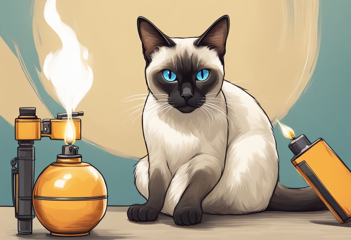 A Siamese cat playing with a lighter, batting it around with its paws and showing curious behavioral quirks