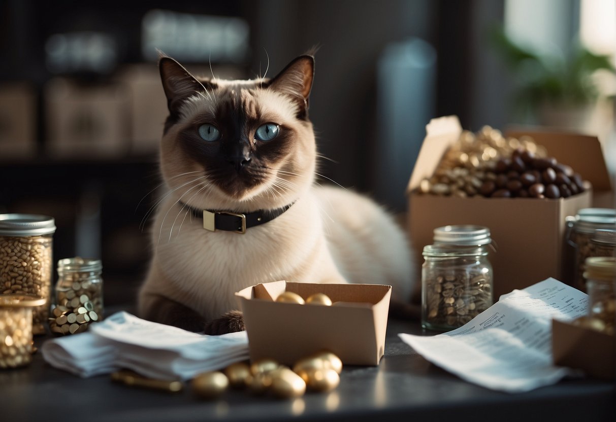 A Siamese cat sits surrounded by pet supplies and a shocked owner holding a budget sheet. Price tags and a calculator emphasize the surprise