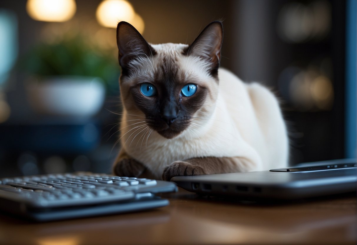 A Siamese cat with a sleek coat and bright blue eyes, diligently working on a task with focused determination