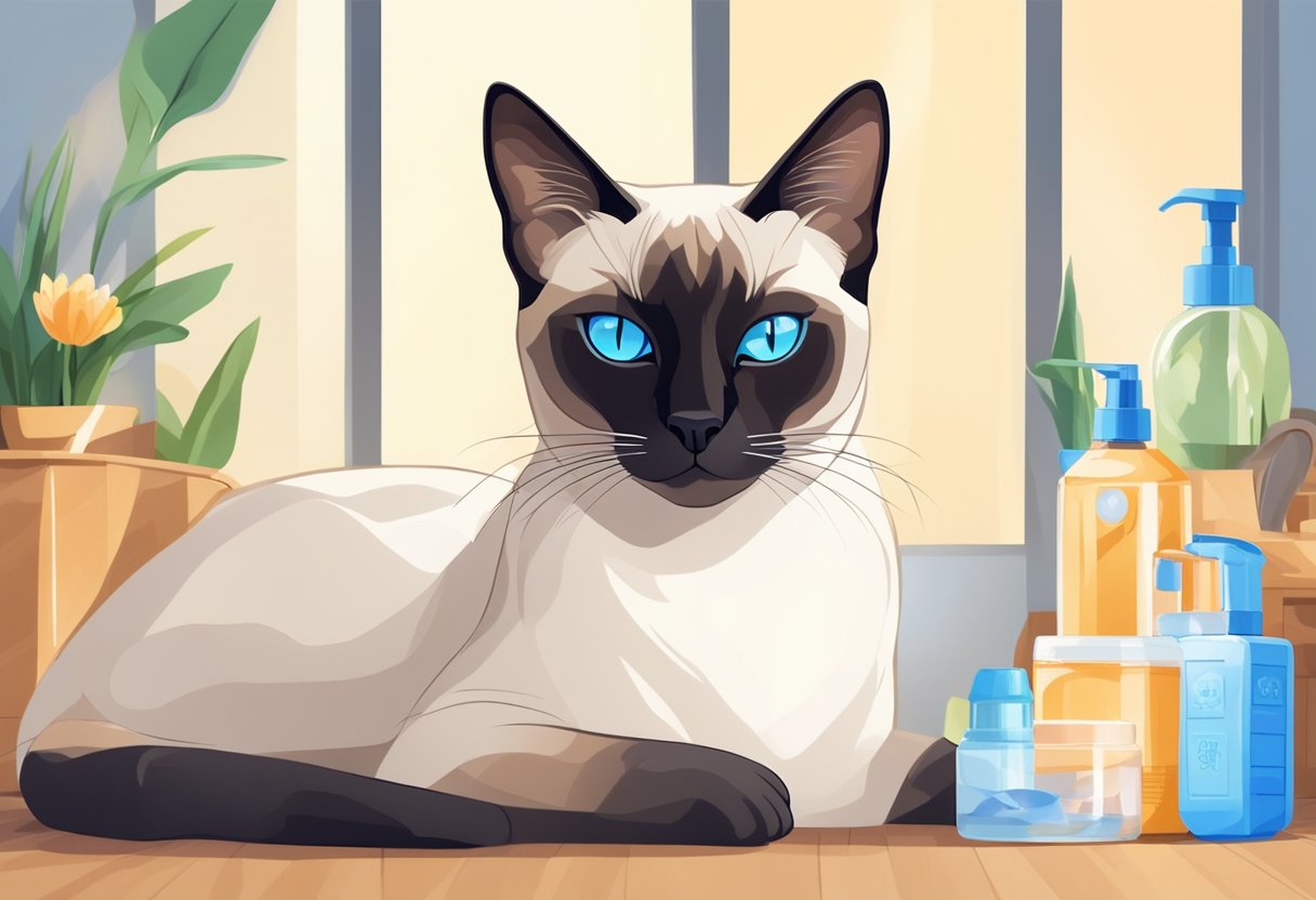 A Siamese cat lounges in a sunlit room, surrounded by health and care products. The cat is sleek and elegant, with piercing blue eyes
