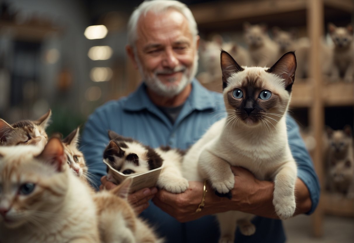 A Siamese cat breeder holds a surprise price tag, as potential buyers eagerly examine the adorable kittens in their cozy, well-maintained cattery