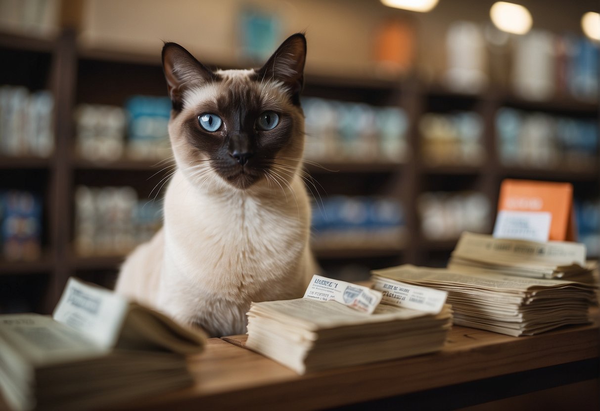 A Siamese cat with a surprised expression sits next to a price tag, surrounded by adoption pamphlets