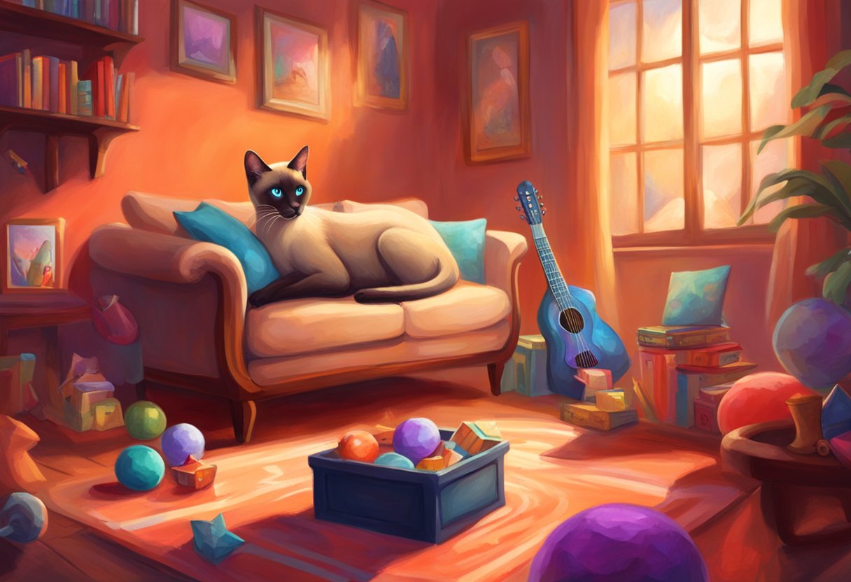 A male Siamese cat lounges in a cozy living room, surrounded by toys and watching TV