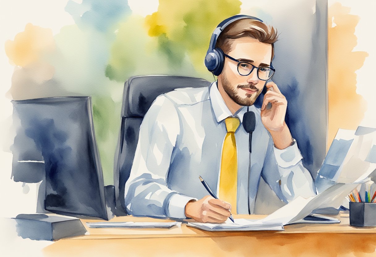 A customer service representative listens attentively to a customer's feedback, while taking notes and maintaining a friendly and professional demeanor