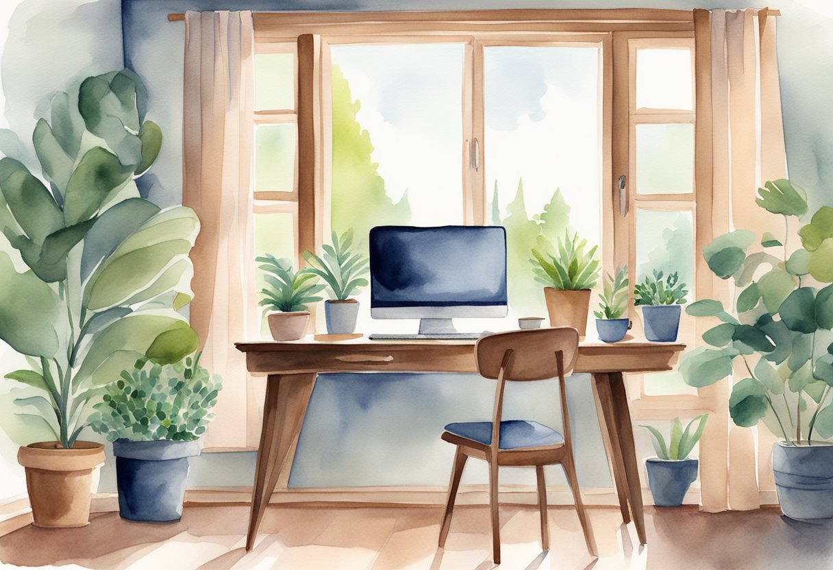 A cozy home office with a laptop, desk, chair, and plants. A window with natural light and a peaceful atmosphere