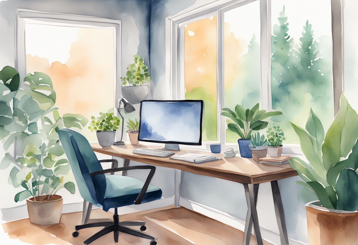 A cozy home office setup with a computer, desk, chair, and plants, with a view of nature outside the window