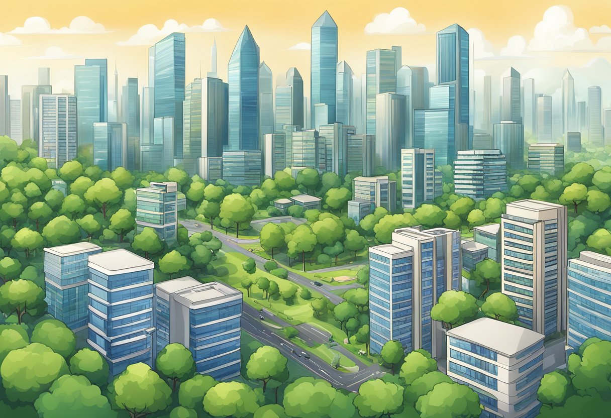 A bustling city skyline with modern skyscrapers and office buildings, surrounded by lush green parks and residential complexes. The scene exudes a sense of growth and opportunity, perfect for illustrating real estate investment prospects