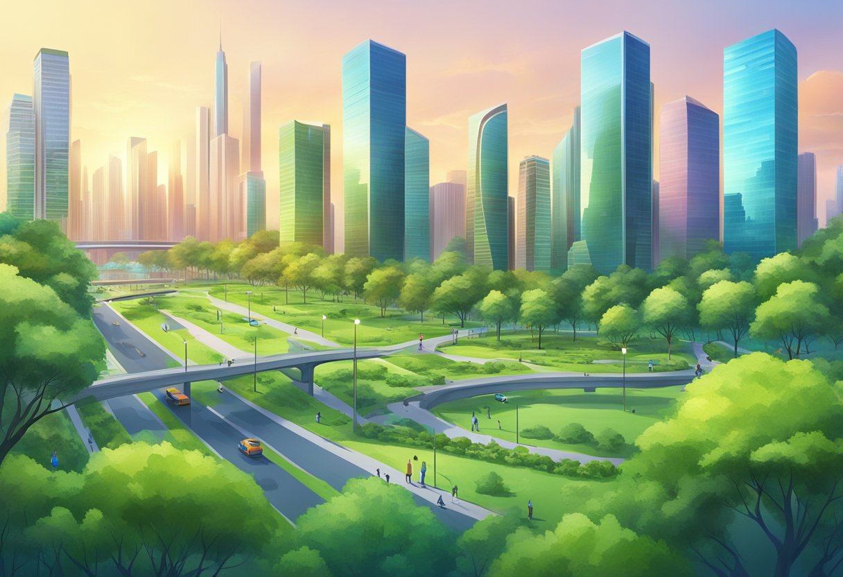 A vibrant city skyline with modern skyscrapers, lush green parks, and bustling streets, representing the thriving real estate market in 2024