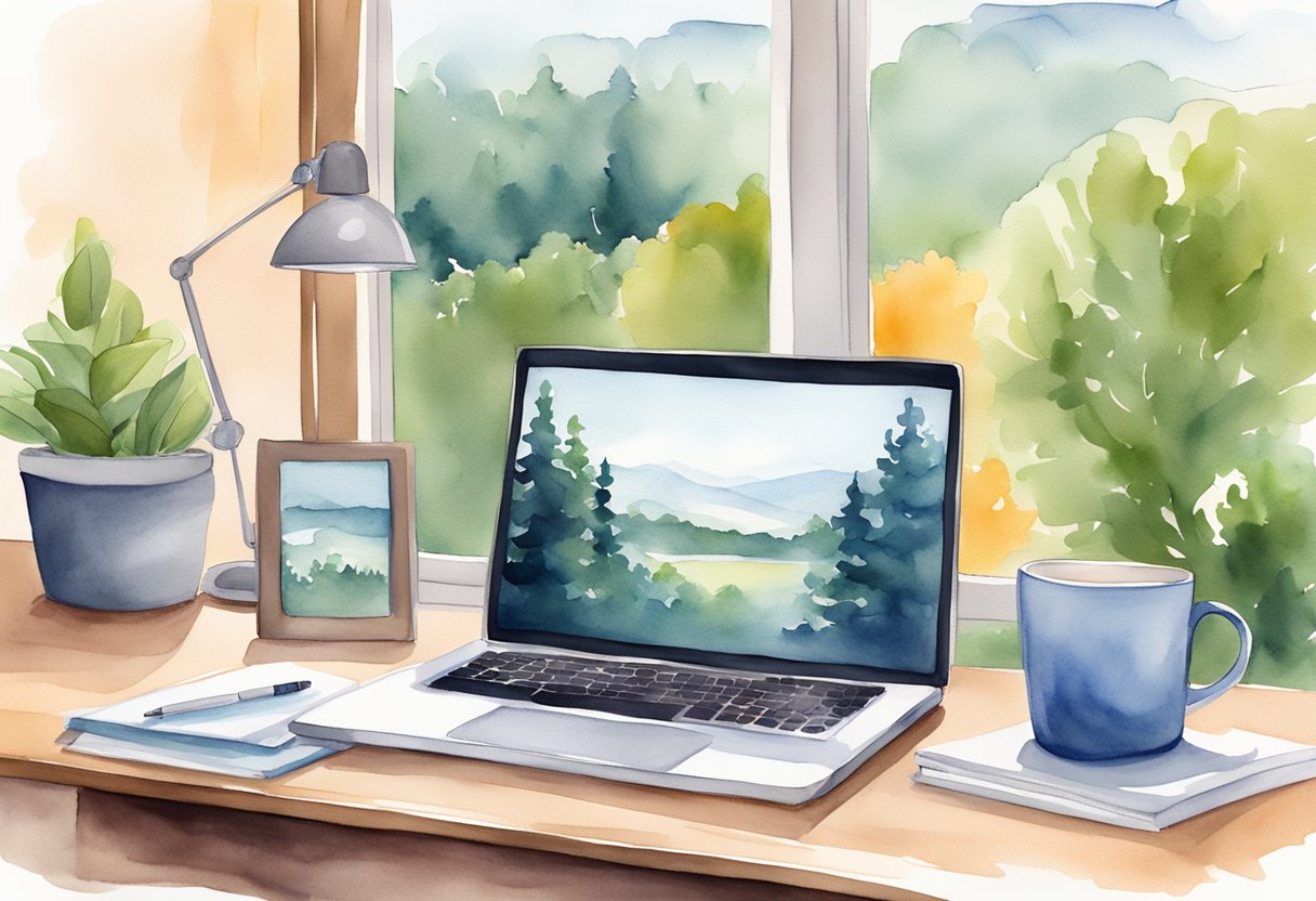 A laptop on a desk with a "work from home" sign, surrounded by a cozy home office setup, with a view of a peaceful outdoor scene