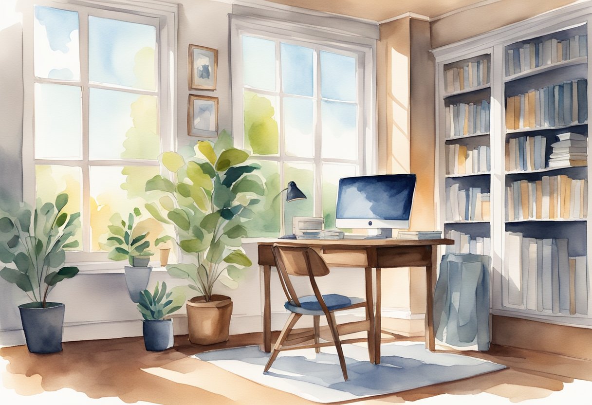 A cozy home office with a laptop, notebook, and coffee mug on a desk near a sunny window. A comfortable chair and organized workspace create a productive environment for remote work