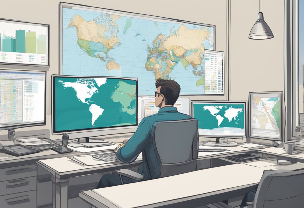 A desk with a computer, charts, and a world map on the wall. A person researching and comparing different brokers on the computer