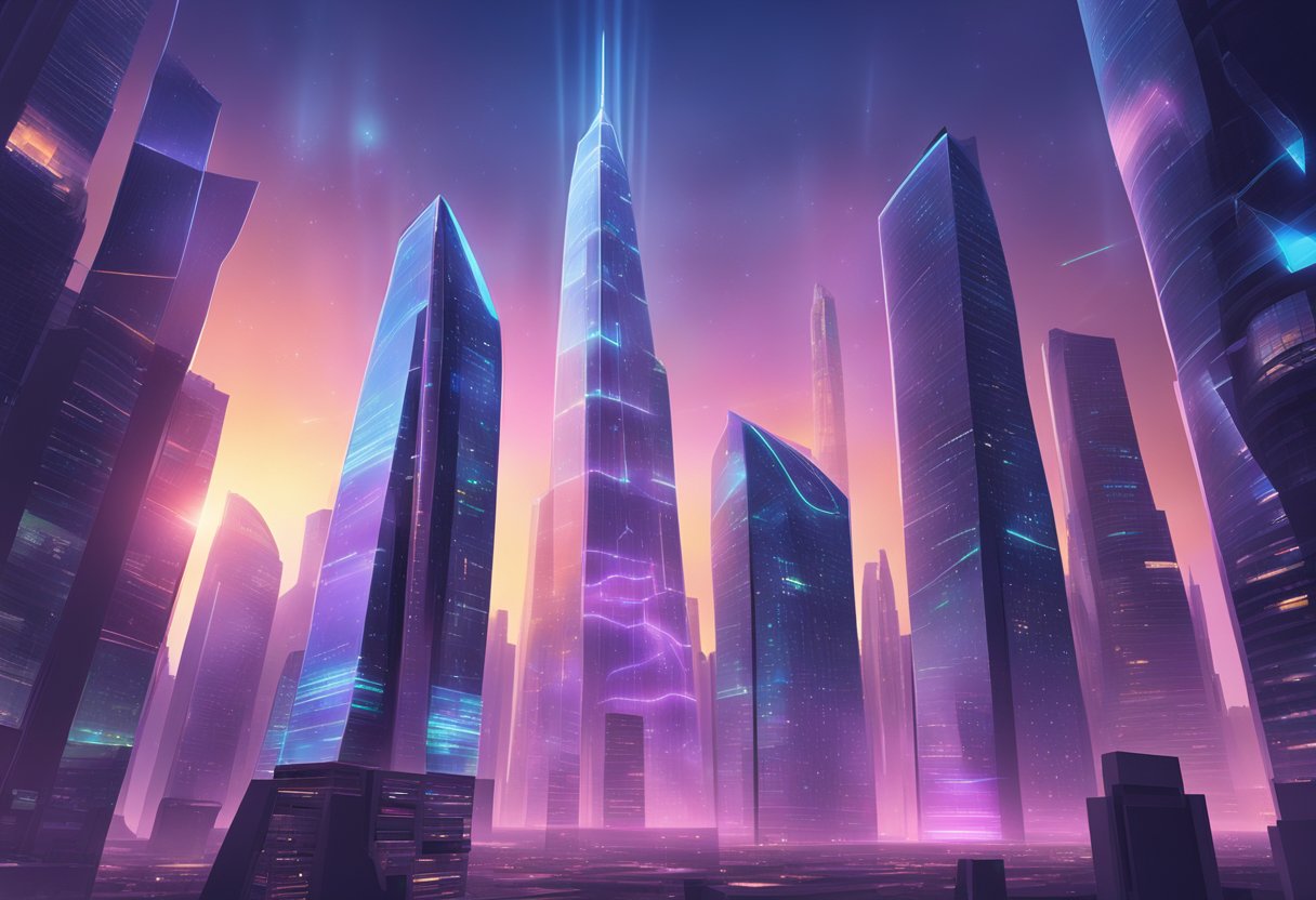 A futuristic city skyline with glowing skyscrapers and holographic investment charts projected in the sky. A sleek, high-tech brokerage office with advanced computer screens and virtual reality trading stations