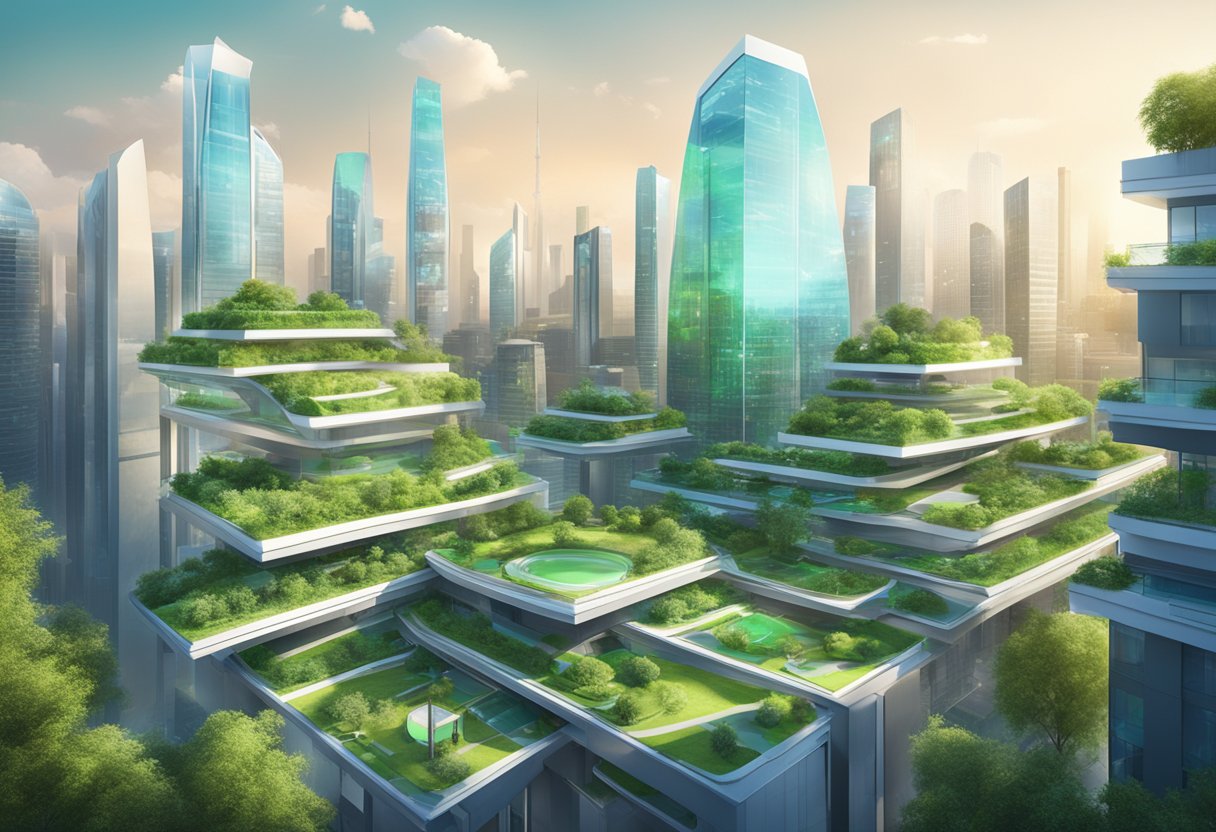 A futuristic city skyline with sustainable buildings and green spaces. A digital screen displays "Best Broker 2024."