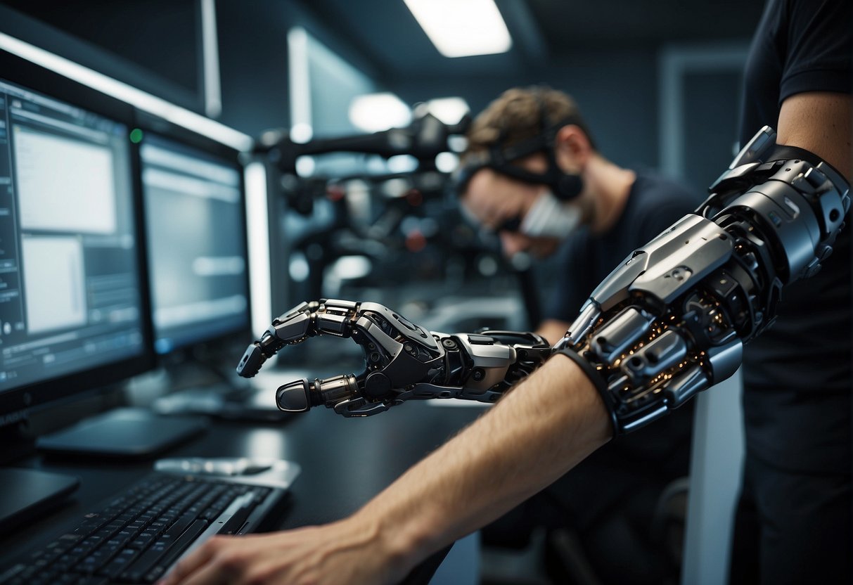 A sleek robotic prosthetic arm is being fine-tuned by a technician, surrounded by advanced AI software and cutting-edge rehabilitation equipment