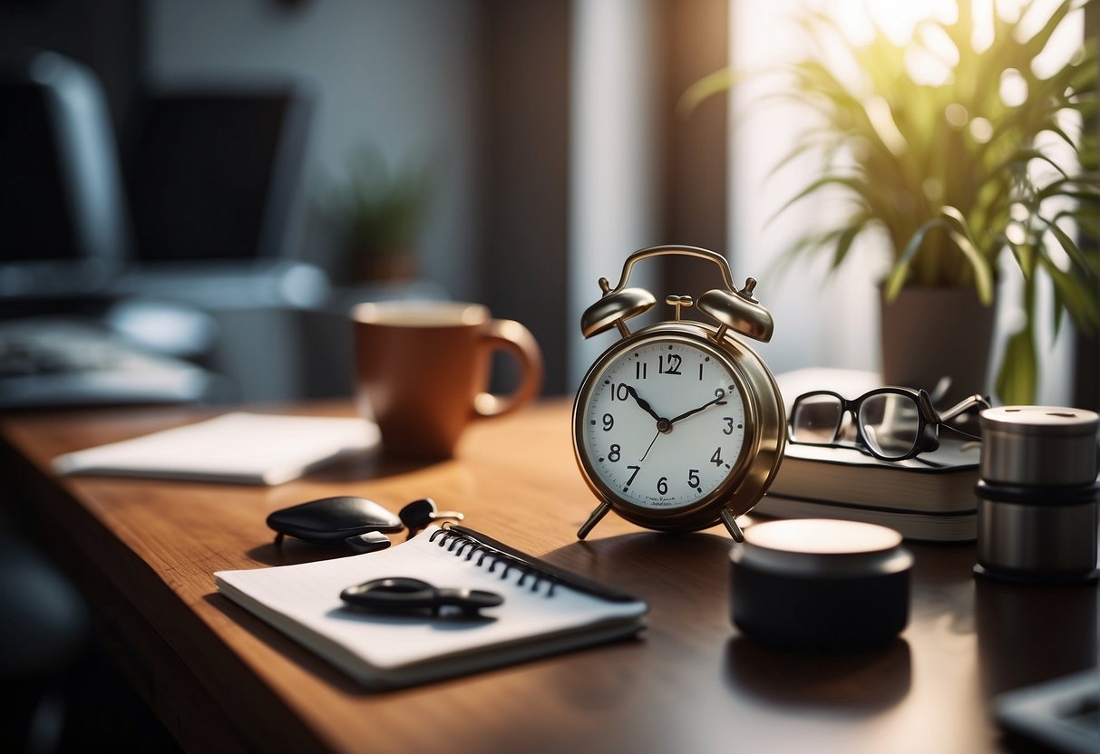 A simple clock on a clean, uncluttered desk with a few essential items