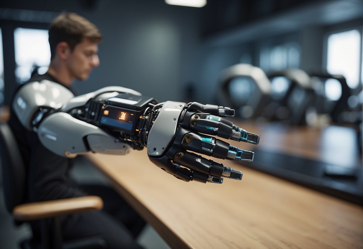 A robotic prosthetic arm interfaces with AI software for rehabilitation exercises. The user experiences a seamless interaction through a sleek and intuitive interface design