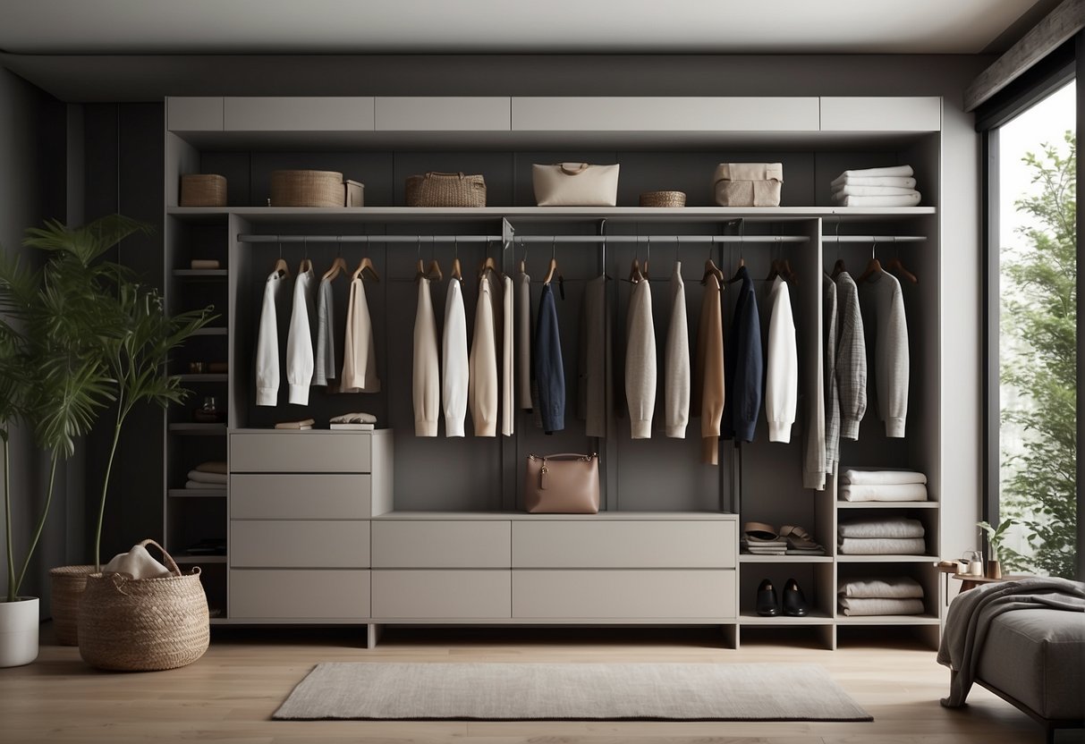 A simple, clutter-free wardrobe with neutral colors and clean lines. A serene space with only essential items