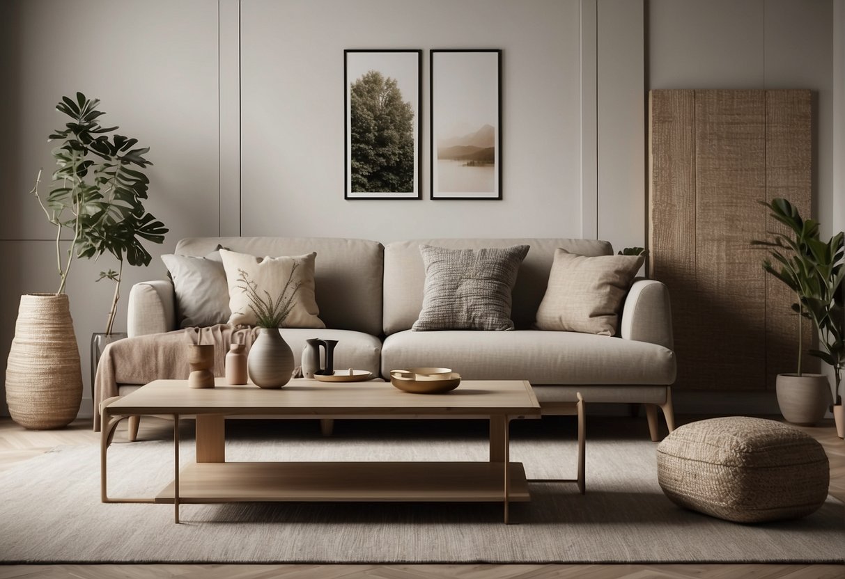 A clean, clutter-free living room with simple furniture and neutral colors. A few carefully chosen decorative pieces add a touch of elegance to the minimalist space