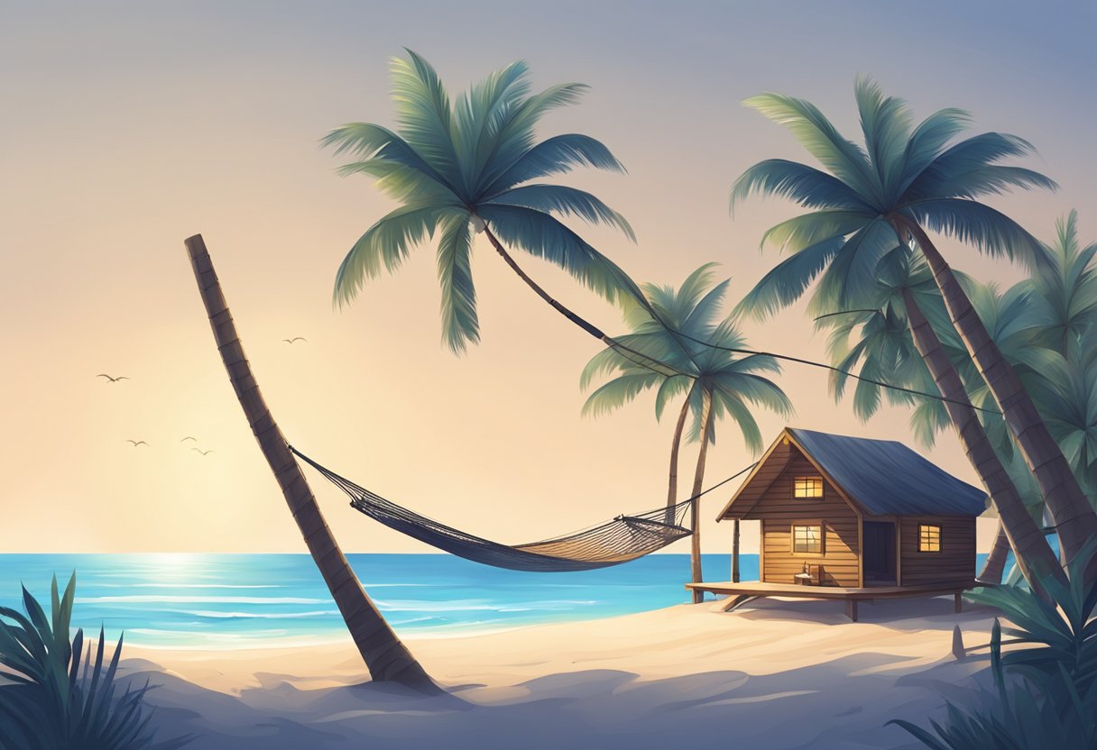 A serene beach with a single hammock strung between two palm trees, a simple wooden cabin, and a clear blue sky