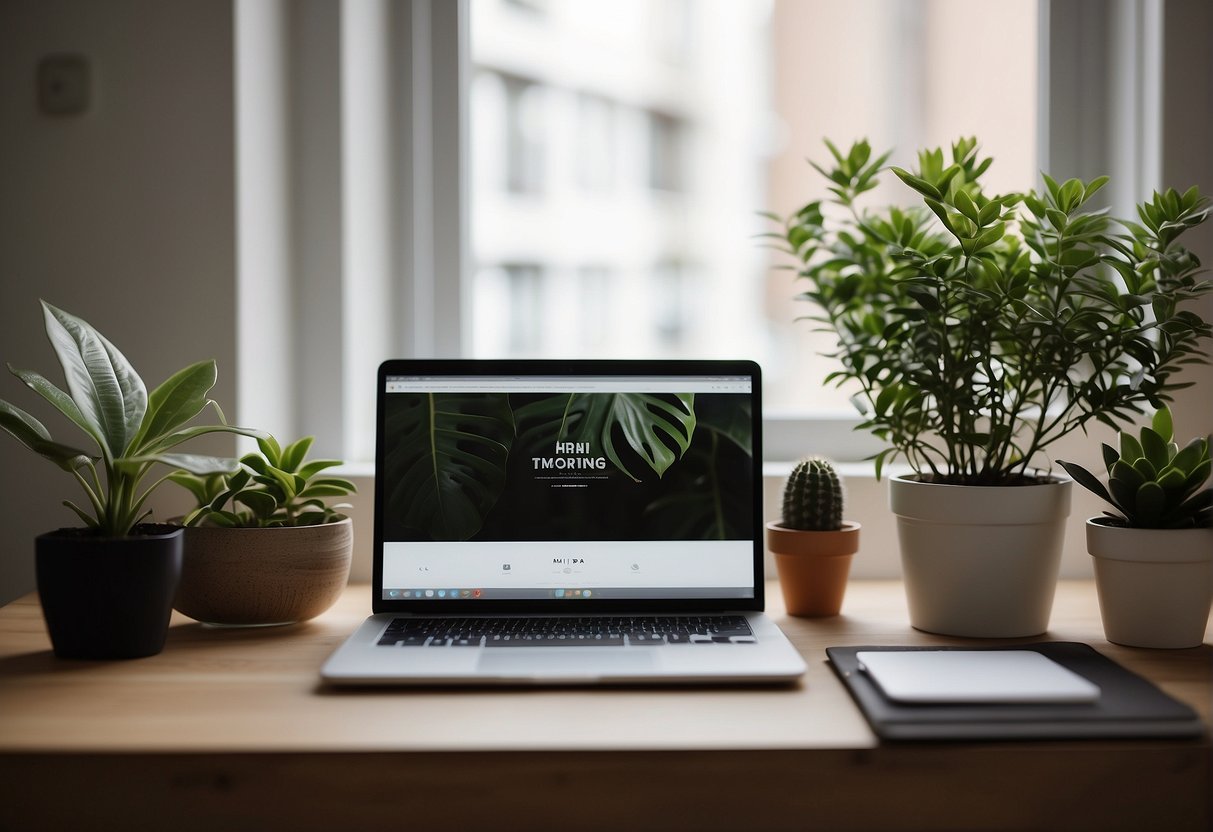 A simple, clutter-free workspace with a laptop, notebook, and potted plant. Clean lines and neutral colors create a sense of calm and simplicity