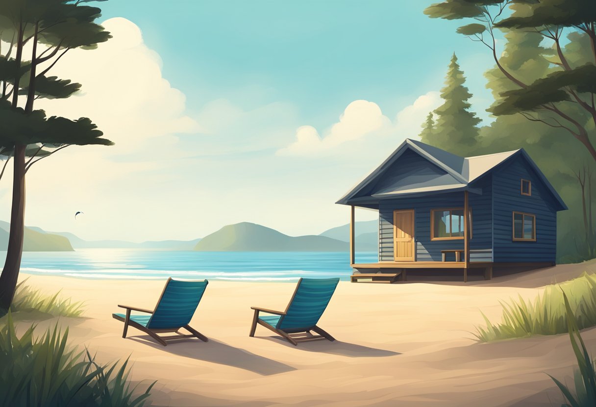 A serene beach with a single umbrella and chair, surrounded by clean, empty space. A simple, modern cabin nestled in a remote forest