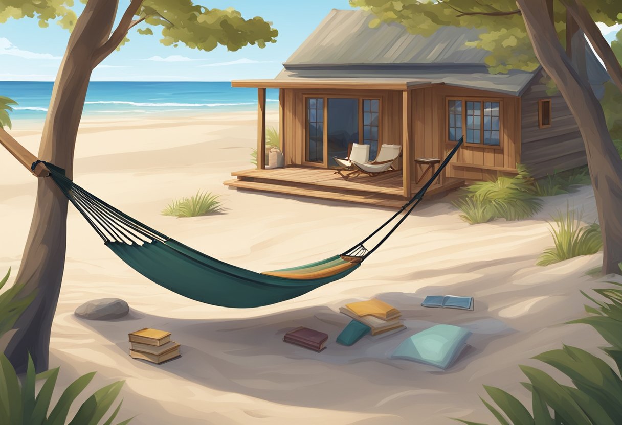 A serene beach with a single hammock, a book, and a hat lying on the sand. A simple, uncluttered cabin nestled in the woods with a cozy fire pit outside