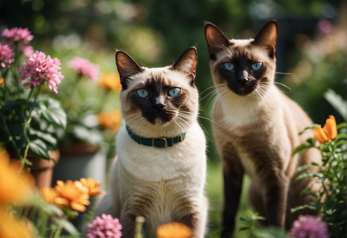 Two Siamese cats and a dog playfully interact in a sunlit garden, surrounded by colorful flowers and lush greenery
