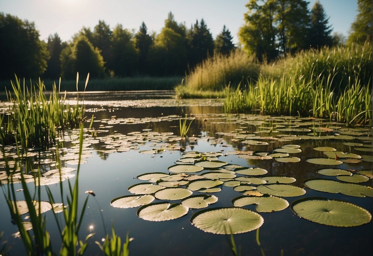A serene pond with lily pads and reeds, where a variety of fishing worms are scattered on the muddy bank, attracting the attention of hungry fish