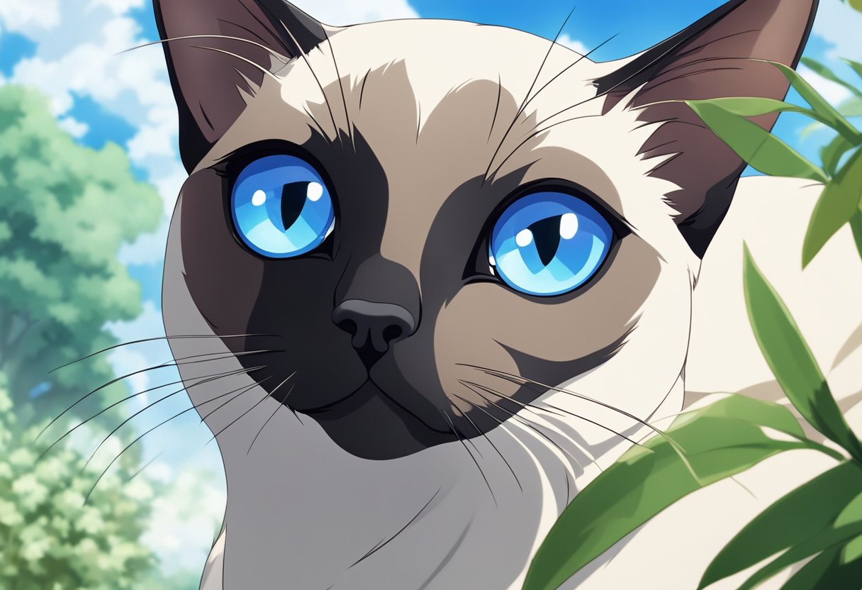 A Siamese cat with striking blue eyes sits majestically, its sleek body and elegant posture capturing the breed's regal nature