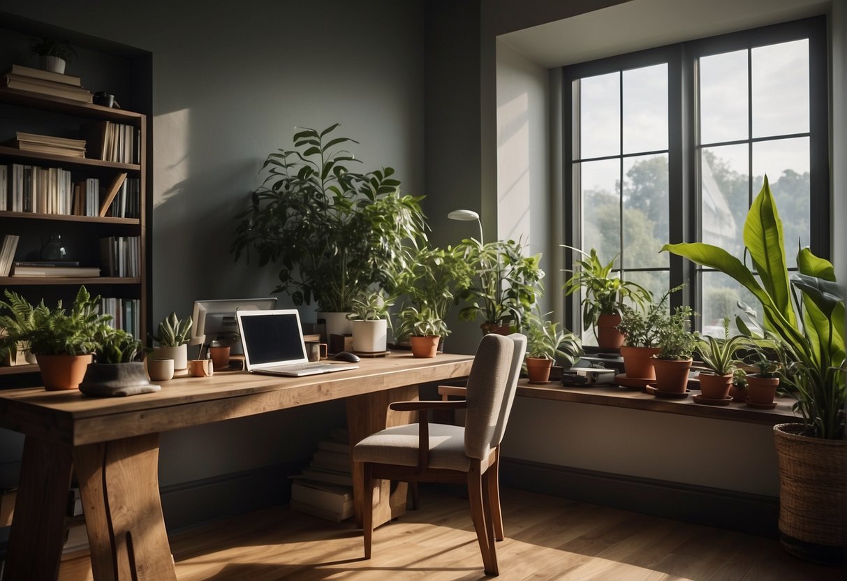 A serene, clutter-free space with only essential items. A simple desk with a notebook and pen, a few plants, and natural light streaming in through a large window