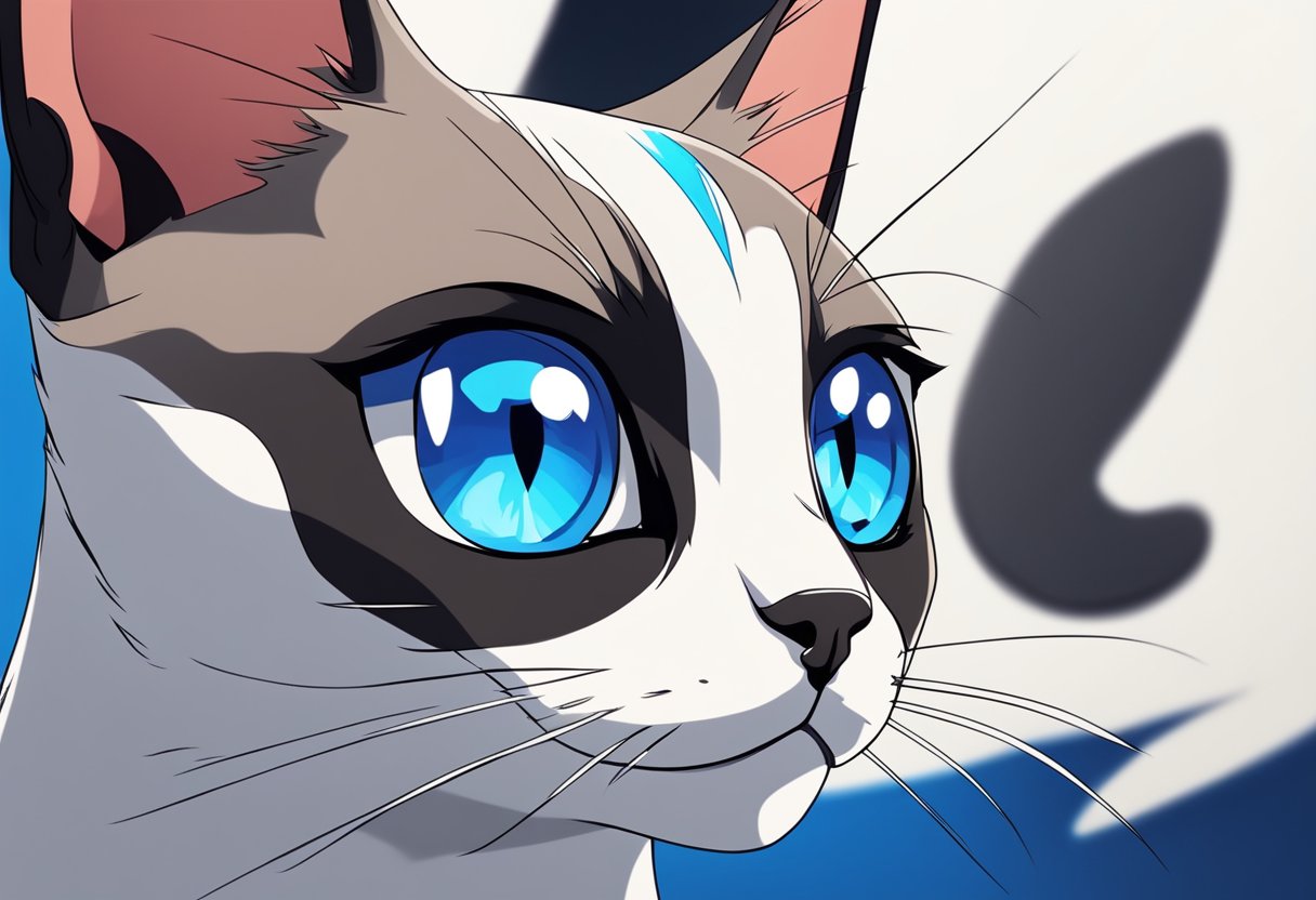 A Siamese cat with striking blue eyes and a sleek, slender body, its gaze intense and focused, its eyes a piercing red color
