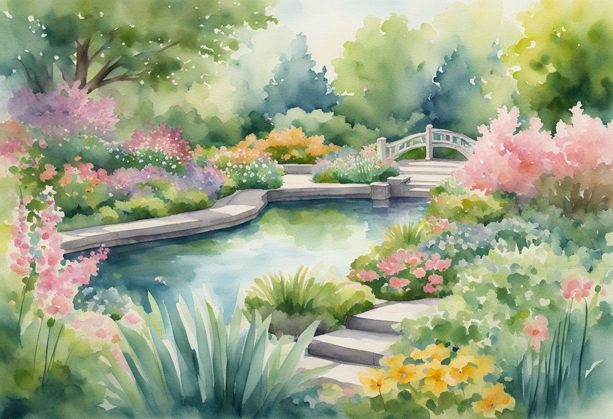 A serene garden with blooming flowers, a tranquil pond, and a peaceful meditation area surrounded by lush greenery