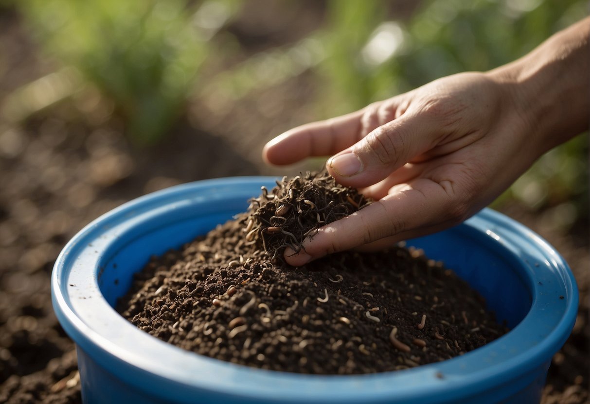 A hand reaches into a container of dirt, pulling out a wriggling fishing worm. The container is filled with more worms, all squirming and writhing