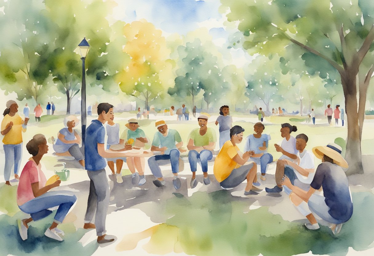 People gathered in a park, chatting and laughing. Some play games, others share food. Smiles and gestures show connection and joy