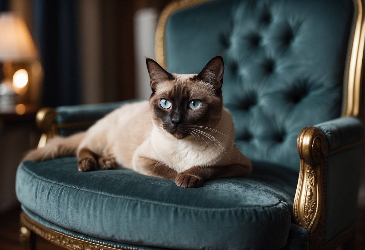 A regal Siamese cat lounges on a velvet cushion, surrounded by adoring dogs. The room is opulently decorated with ornate furniture and luxurious fabrics