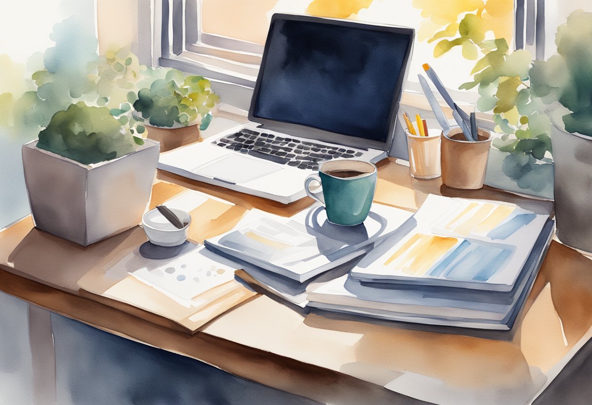 A clutter-free desk with a neatly organized planner, a laptop, and a cup of coffee. Sunlight streams in through a window, casting a warm glow on the workspace