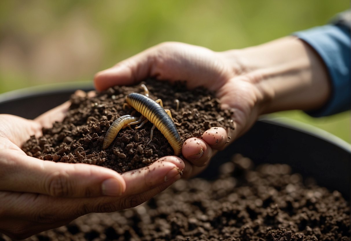 A hand reaches into a container of soil, pulling out a wriggling fishing worm. Another person digs into the ground, collecting worms for bait