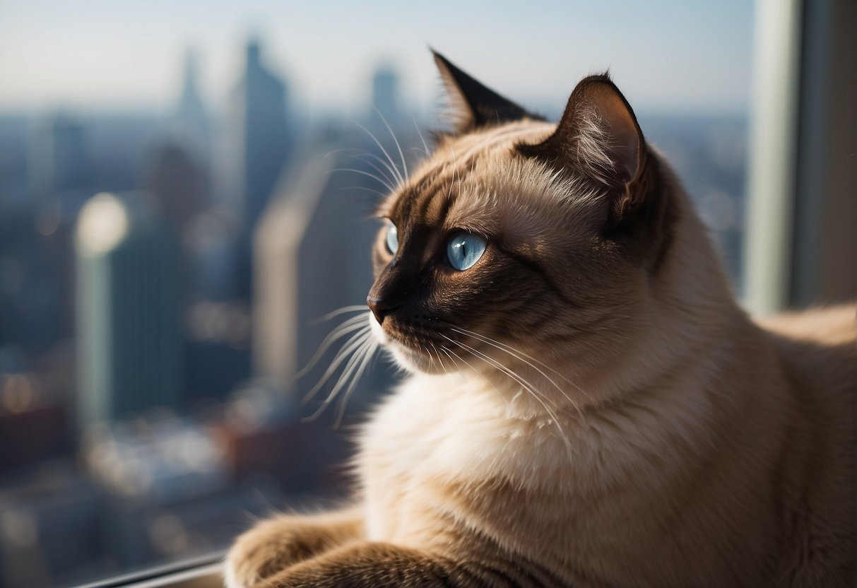 A Siamese cat with big ears sits on a windowsill, gazing out at the city skyline