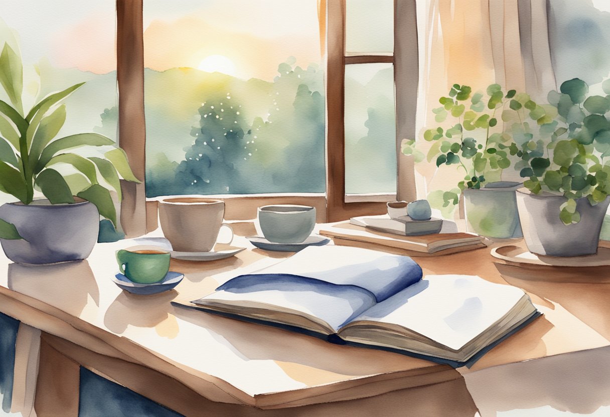 A serene setting with a sunrise, a yoga mat, a journal, and a cup of tea on a table surrounded by plants and natural light