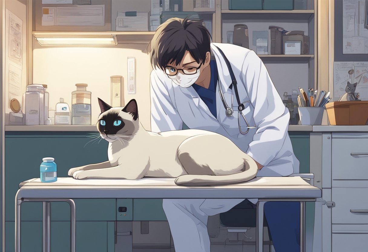 A Siamese cat with red eyes sits on the examination table while a veterinarian examines and treats it