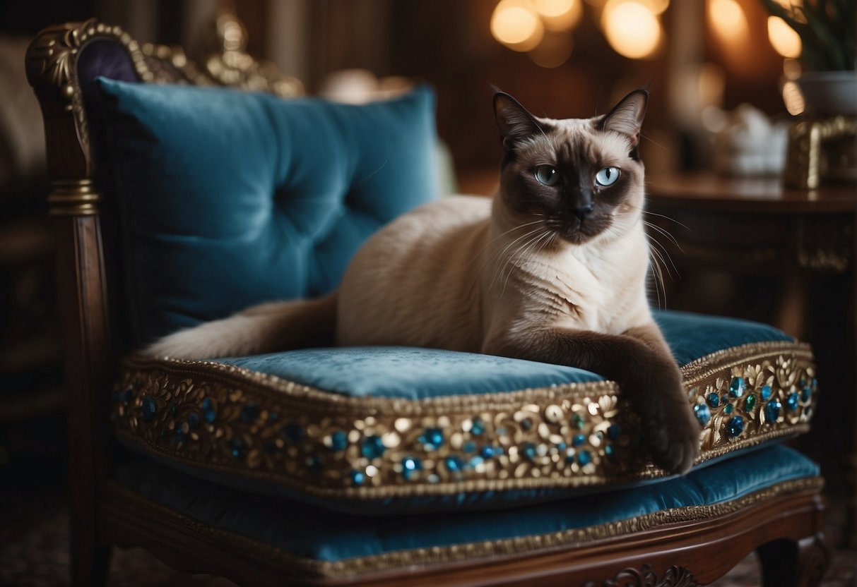 A Siamese cat sits proudly on a velvet cushion, surrounded by ornate furniture and delicate ornaments. A dog cautiously enters the room, its tail tucked between its legs as it gazes at the regal feline