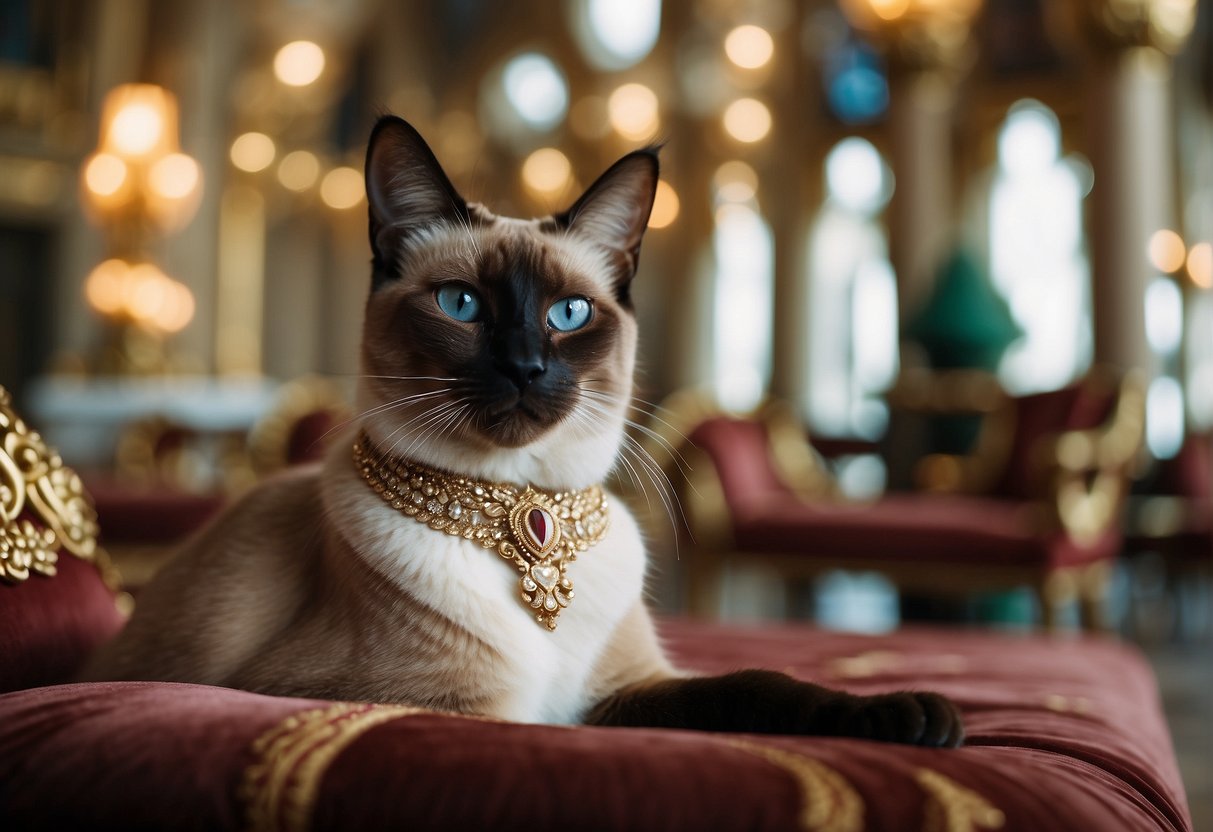 A Siamese cat with big ears sits proudly in a royal palace, surrounded by ornate decorations and regal furnishings