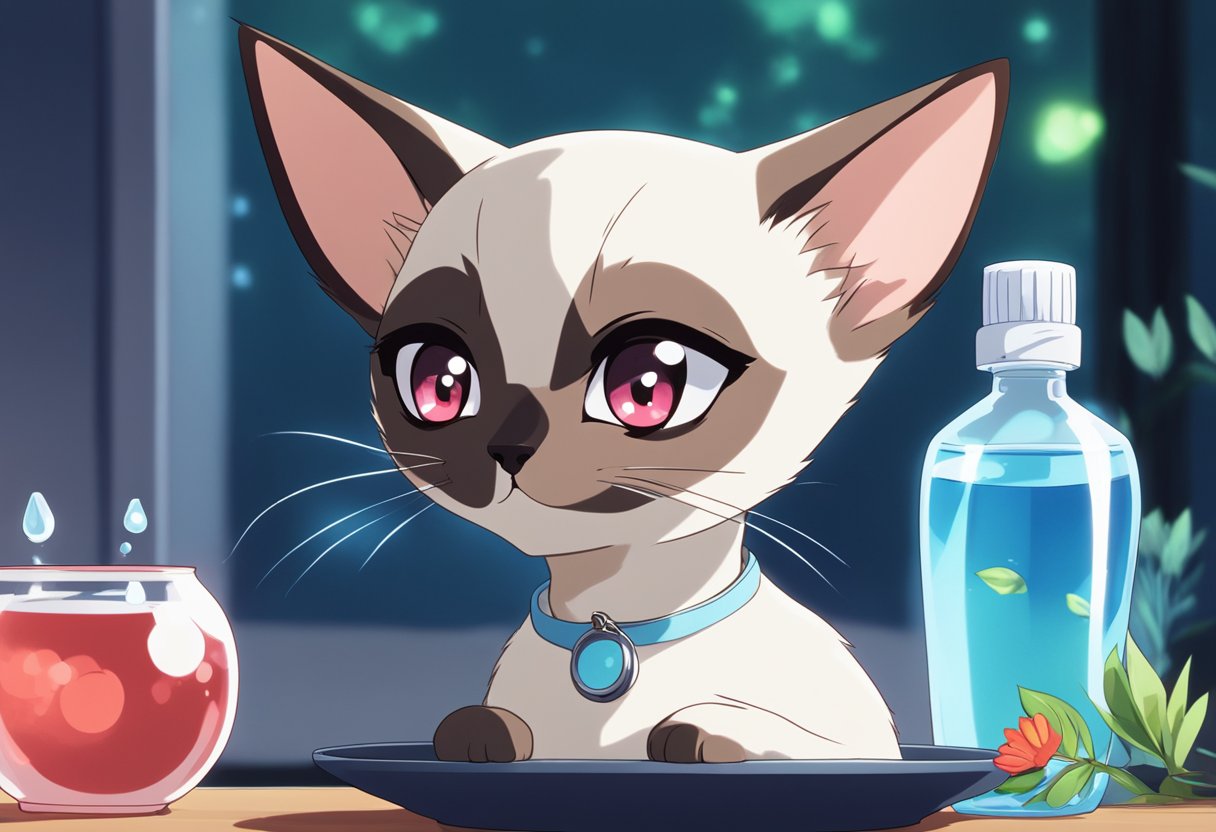 A Siamese cat with red eyes sits next to a bowl of water and a bottle of eye drops, indicating prevention and care