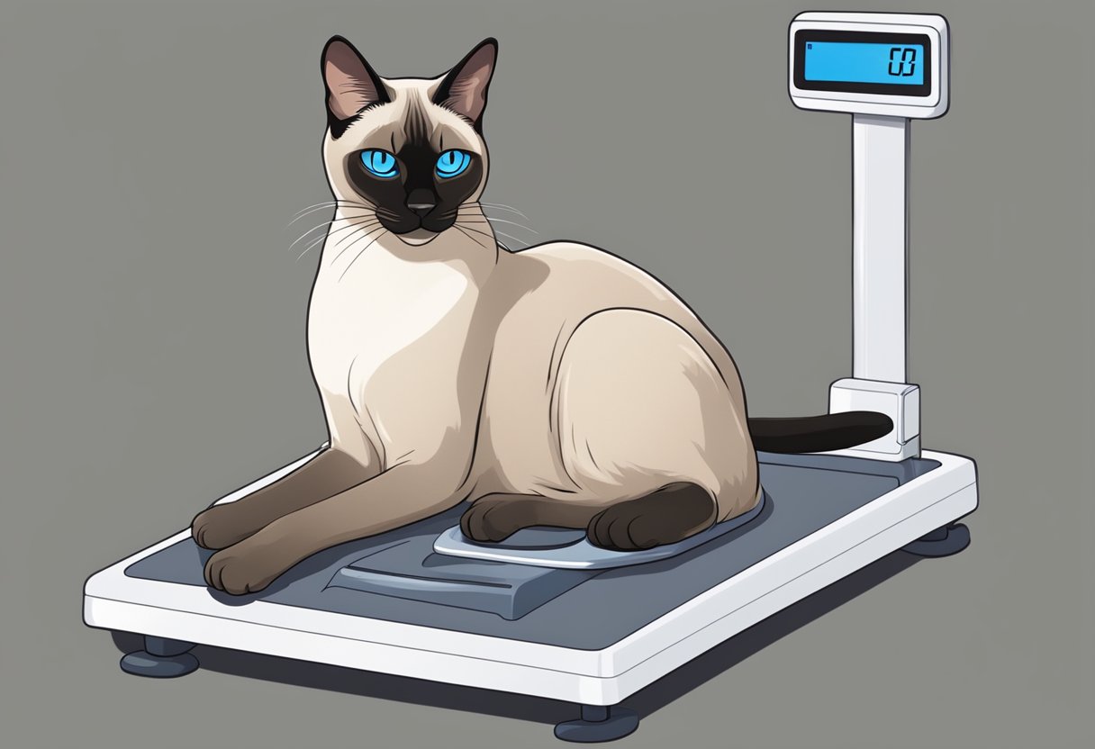 A sleek Siamese cat lounges on a scale, its blue eyes gazing up as the digital readout displays its weight