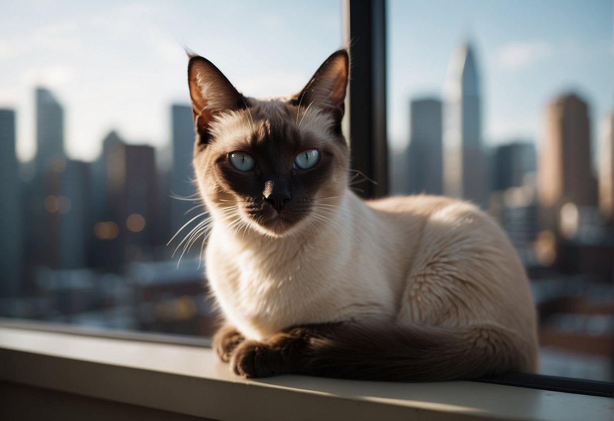 A Siamese cat with big ears sits on a window sill, gazing out at the city skyline