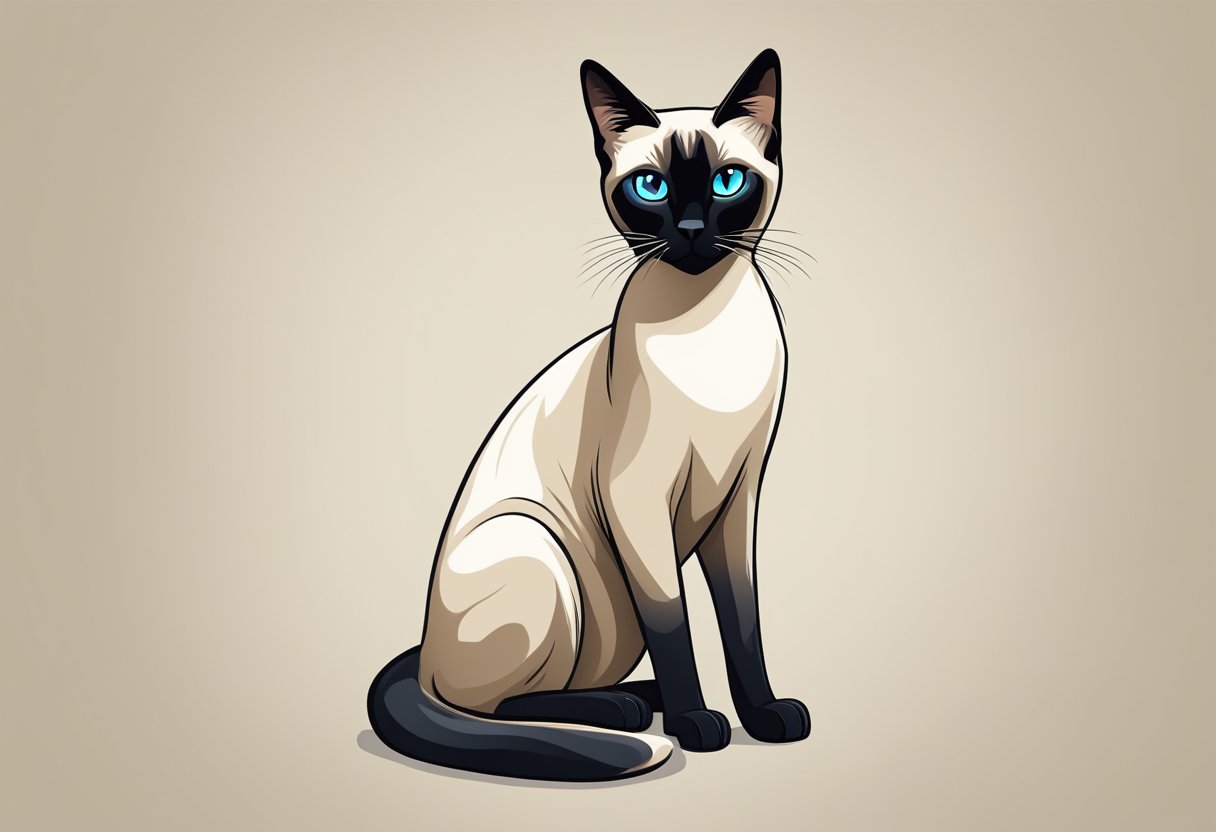 A Siamese cat stands tall, its sleek body showcasing its slender size. The long, elegant tail curves gracefully behind it, emphasizing its overall length and grace