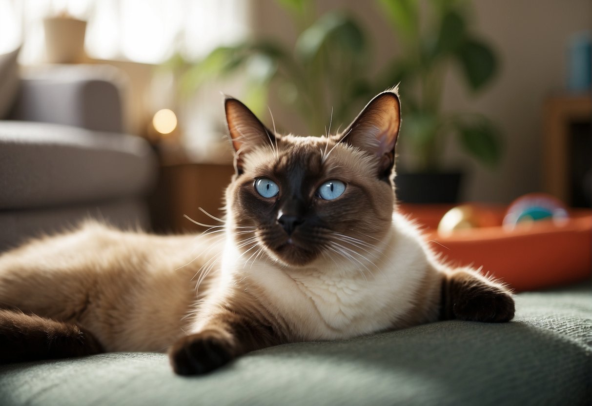 A Siamese cat with big ears lounges in a sunny room, surrounded by toys and a comfortable bed. The cat looks healthy and content, with bright eyes and a sleek coat