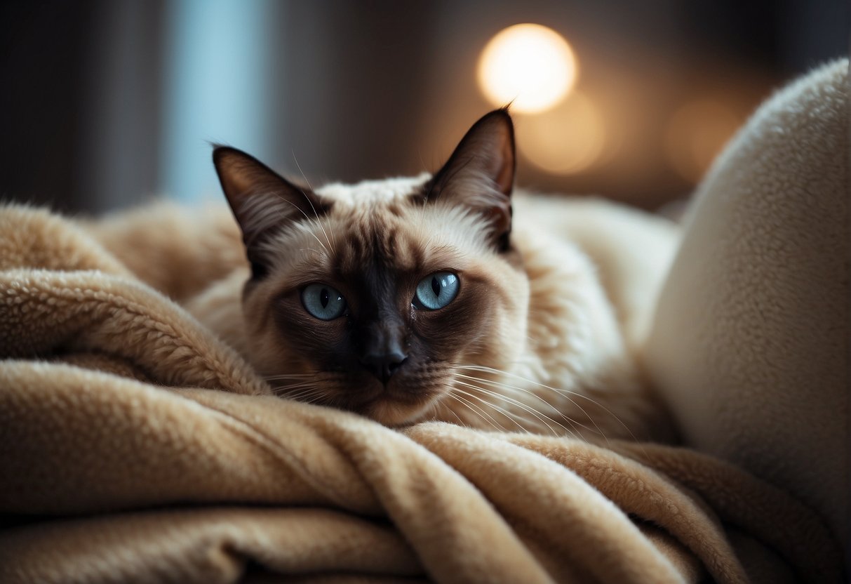 A Siamese cat with big ears is being groomed and cuddled by its owner. The cat is lying on a soft blanket, purring contentedly as its fur is brushed