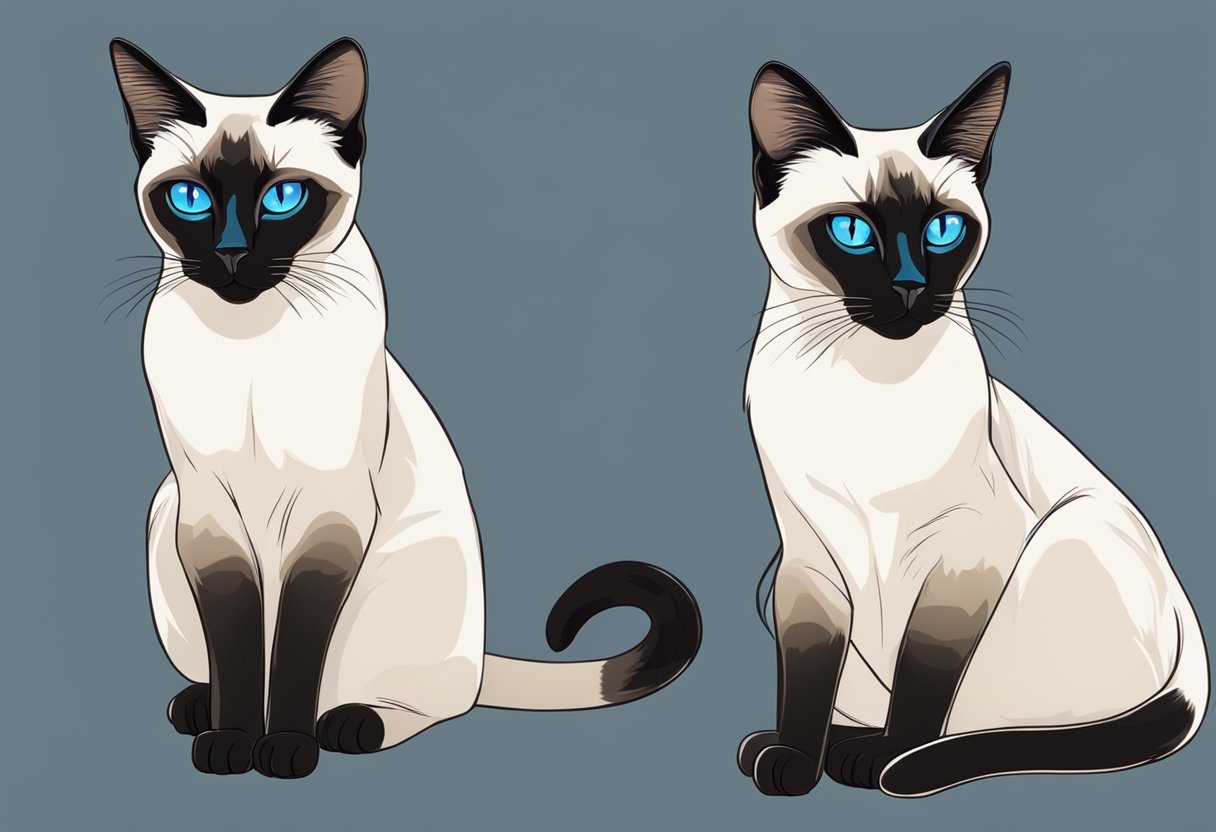 Two Siamese cats, one slender and elegant, the other muscular and powerful, stand side by side, their piercing blue eyes gazing into the distance